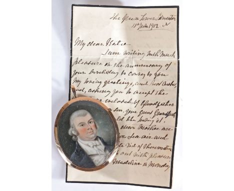 19th Century portrait miniature, with grey hair and rosy cheeks wearing a white waist coat and deep blue jacket, the rear of 