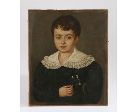 English School (early 19th Century) Portrait of a boy, half length, with pleated lace collar, holding a small bunch of wild f