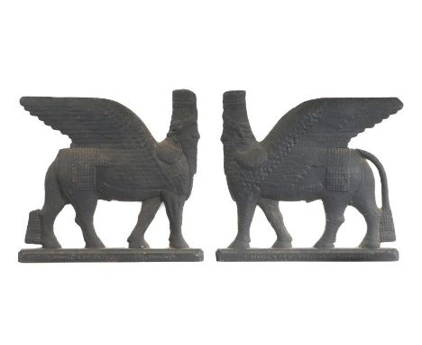 Pair of Victorian Howell & Co iron Phoenician sphinx mounts, the standing sphinxes with the company name E Howell & Co Ltd, P