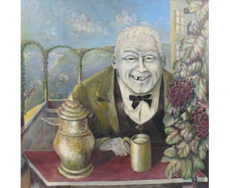 Continental School (20th century) Portrait of a grinning beer drinking man on rooftop terrace, indistinctly signed (lower rig