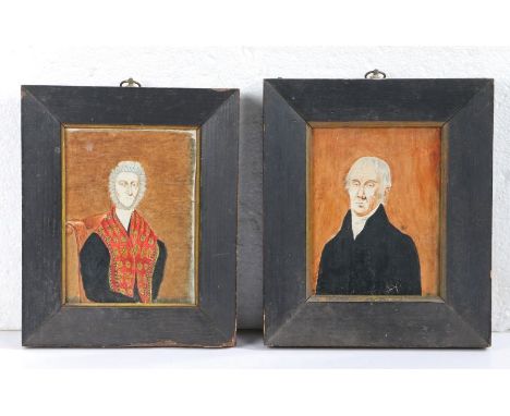 Pair of 19th century naïve pictures, circa 1836, of an austere lady and gentleman in portrait, the lady with a red paisley sc