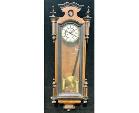 A Vienna wall clock, white enamel dial, Roman numerals, twin winding holes, pendulum, weight, 115cm approx. 