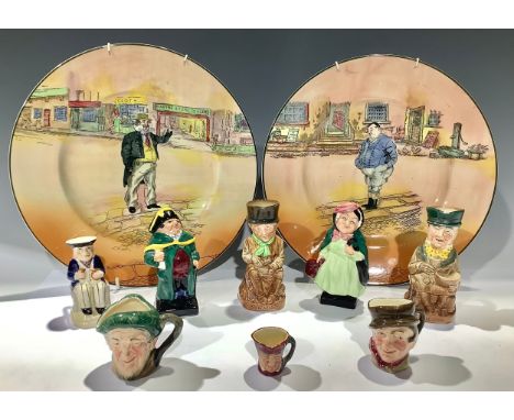 A pair of Royal Doulton Dickens series ware plates, The Fat Boy and Capt. Cuttle; similar Doulton Dickens figures, Sairey Sam