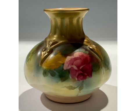 A Royal Worcester miniature blush ivory lobed quatrefoil vase, painted with roses and insects, picked out in gilt, 8cm, numbe