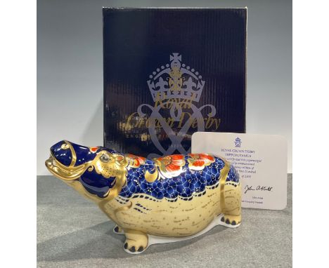 A Royal Crown Derby paperweight, Hippopotamus, exclusive gold signature limited edition, 929/2,500, signed on the base in gol