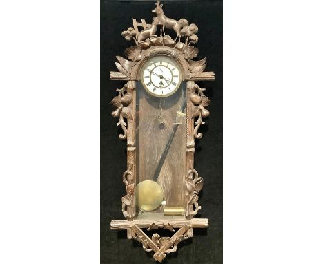 A Black Forest regulator wall clock, white enamel dial, Roman numerals, weight, pendulum, 112cm approx. 