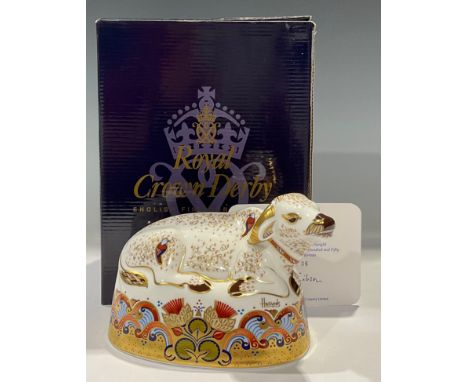 A Royal Crown Derby paperweight, Water Buffalo, designed by Louise Adams, specially commissioned by Harrods, limited edition 