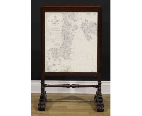 A 19th century rosewood fire screen, later applied with maps, 88.5cm high, 54cm wide 