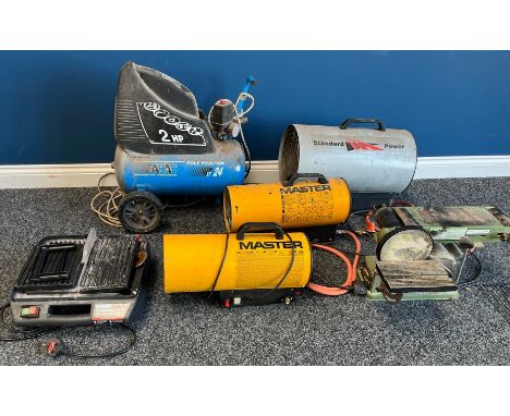 Tools - an ABAC Air Compressors Pole Position LT 24 air compressor; an OESA Master gas heater, model BLP17M; another, similar