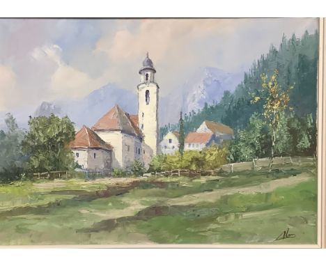 Three 20th century canvasses, Autumn Hunting, Tom Leighton 1986, two other canvasses, a farmhouse in the mountains, an autumn