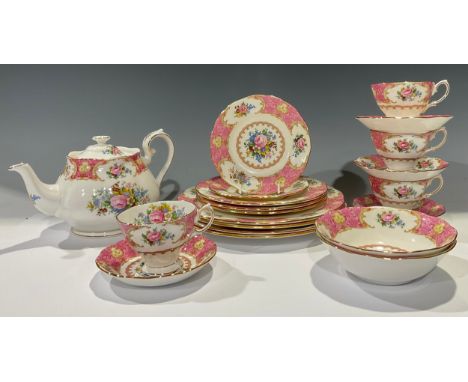 A Royal Albert Lady Carlyle pattern part tea set, comprising teapot, no cover, four teacups and saucers, two tea plates, thre