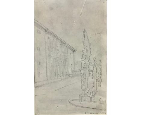 After LS Lowry  Buildings and Cyprus Trees  pencil sketch, 28cm x 18cm 