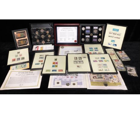 Coins and Stamps - a Westminster Collection set, End Of World War II Coin and Stamp Collection, including a UK 2020 £5 coin, 