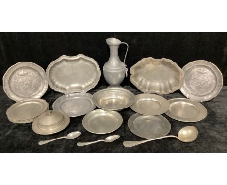 A collection of 19th century and later pewter including pitcher, dishes, plates, etc, qty 