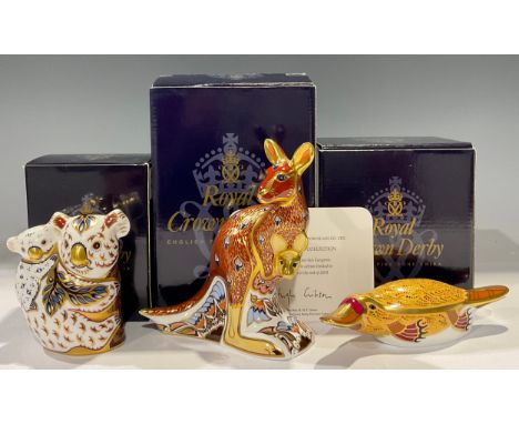 A Royal Crown Derby paperweight, from the Australian Collection, Kangaroo and Joey, gold stopper, 15cm, red printed marks, bo