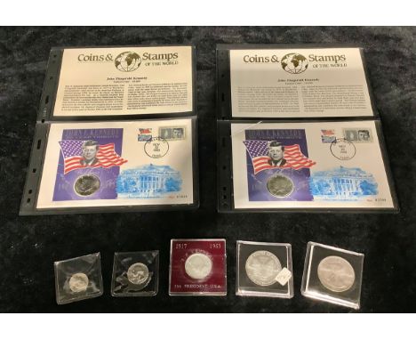 Coins - USA, a silver Silver Eagle Dollar, 1995; another 1995; a JF Kennedy silver proof half dollar coin and stamp cover, 19