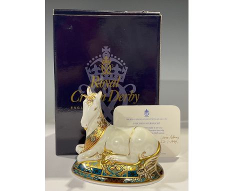 A Royal Crown Derby paperweight, Unicorn, specially designed to celebrate the New Millennium, hand signed and dated (23-7-199