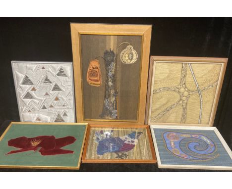 Textiles - Margaret Thom, A Little Nut Tree, Embroidery Guild Exhibition label to verso, 69cm x 43.5cm; others similar (6) 