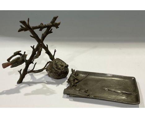 A late 19th century cold painted spelter desk stand, cast as a construction of branches with bird and nest of three eggs, ori