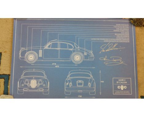 Ian Callum and the late, great Norman Dewis. A signed "blue print" poster of the "Callum Mk II" as produced by CMC and signed