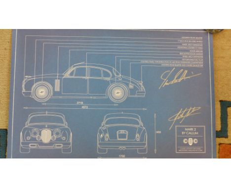 Ian Callum and the late, great John Surtees - a signed "blue print" poster from the "Callum Mk II" produced at CMC and signed