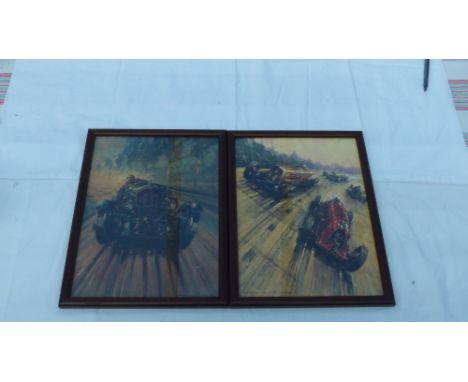 A pair of framed and glazed Gordon Crosby prints, cars in action at Le Mans and Brooklands. Delightful wooden period frames.