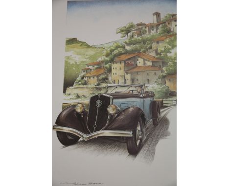 PEUGEOT 601 – a signed limited edition print showing a Peugeot cabriolet speed in the French countryside 492/500.   