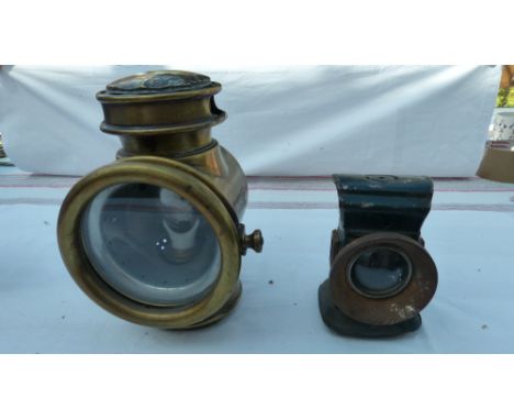 Veteran era lamps. A car and cycle projector, spirit fired, onde being a "Perfecta" the other un-ascribed but stylish, a cycl
