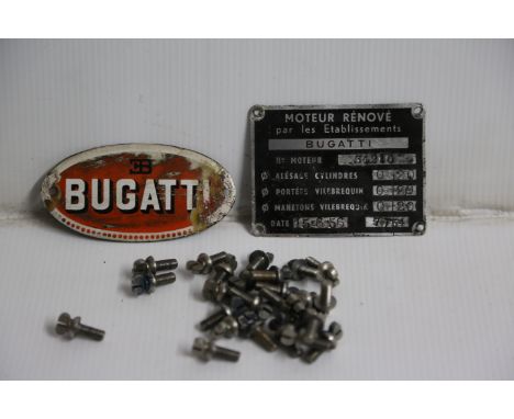 BUGATTI – items relating to the works T54 GP car “54210”  an engine plate from when the car was returned to the factory for m