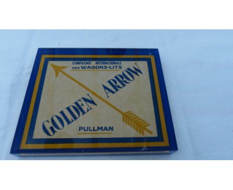 The Golden Arrow - A rare luggage label, set in lucite, from the legendary Express Train Service of the Golden Era. Art Deco 