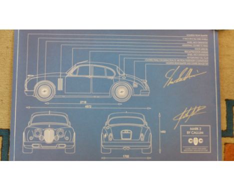 Ian Callum and the late, great John Surtees - a signed "blue print" poster from the "Callum Mk II" produced at CMC and signed
