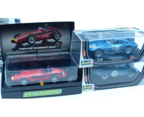 Four "slot racing" cars  - three by Revell being a Cobra Coupe and two  Covette Grand Sport along with a Scalextric "Tin Plat