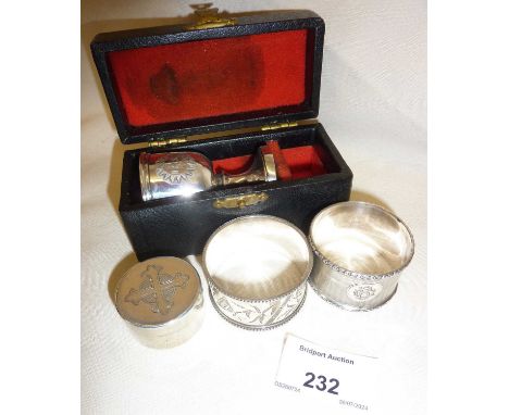 Eccliastical silver, miniature communion set in case consisting of a chalice and silver wafer holder both with gilt interior,