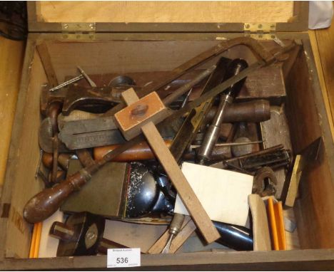 Wooden box of old tools including levels etc