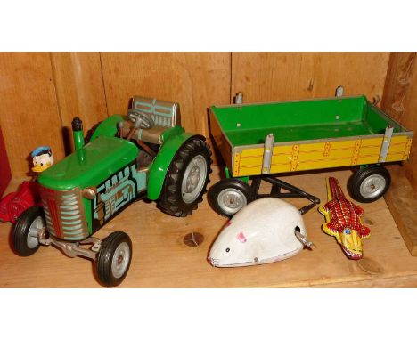 Tinplate tractor, trailer and clockwork mouse