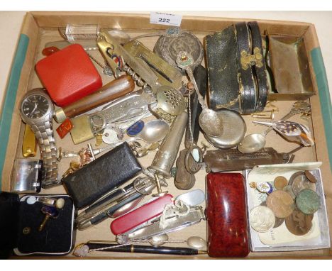 Tray of coins, pen and pocket knives, tools, spoons and misc 