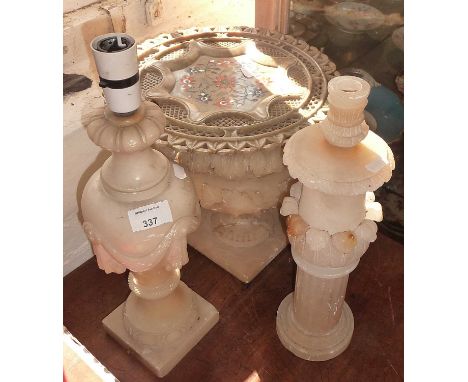 Carved alabaster lamp bases, an urn for planter and a pietra dura style inlaid and carved stone platter