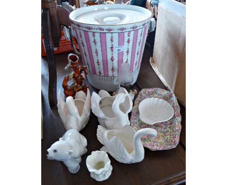 Victorian Winton "Royal Georgian" china slop bucket and other chinaware, inc. Royal Worcester cornucopia vase, 3 china swans,