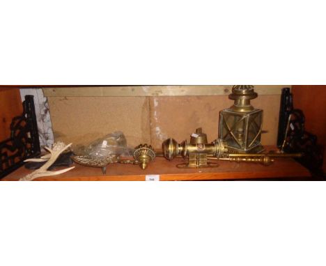 Brass oil lantern, pair of iron brackets and other brassware