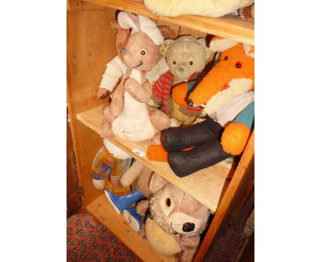 Collection of assorted teddy bears etc., inc. two Gabrielle Designs Paddington Bears and a Merrythought kangaroo (2 shelves)
