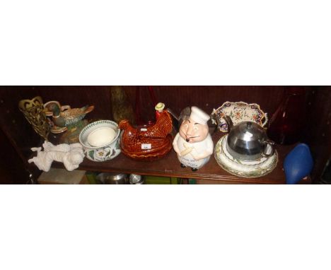 Portmeirion chicken bowl, ruby glass vases, cast iron duck doorstop, 2 Heatsave tea pots, Crown Devon 'chef' cookie jar, etc.