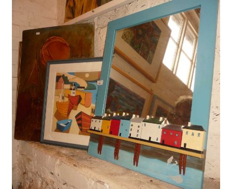 A Surrealistic impasto oil on board, indistinctly signed, a colourful lithograph of boats and a contemporary wall mirror, wit