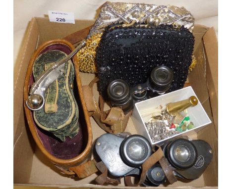 Binoculars, bosun's whistle with military arrow, jewellery, beaded vintage evening bags, etc 