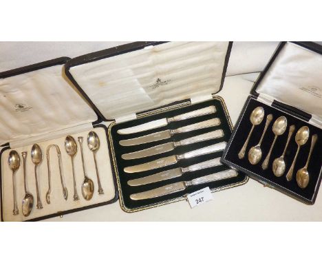 Three cased sets of hallmarked silver cutlery by Mappin &amp; Webb. Inc. Art Deco tea knives, seal top spoons and sugar tongs