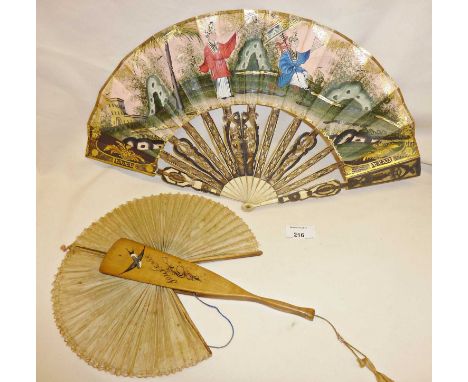 Antique fans, a Chinese handpainted figural fan with silver and bone sticks and another wooden with inset mirror-French?