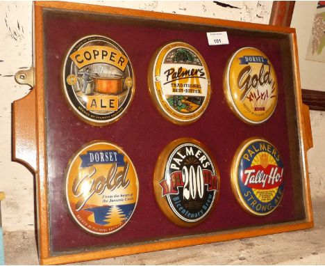 Framed and mounted Palmers Beer ceramic pump signs (6) 