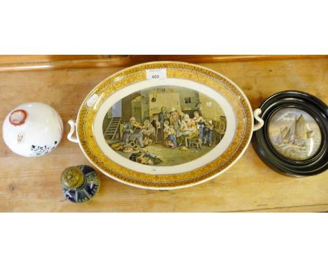 Prattware bowl "The Blind Fiddler", approx. 32cm long, a pot lid with ship print, unusual Mdina glass bottle vase and a Doult