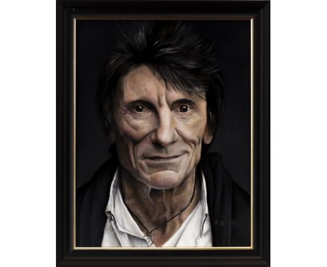MICHAEL PATTERSON, PORTRAIT OF RONNIE WOOD oil on board, signed 45cm x 35cm Framed