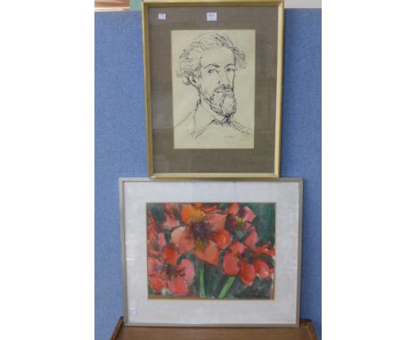 Peter Collins, portrait of a man, pen and ink and a still life of flowers, watercolour