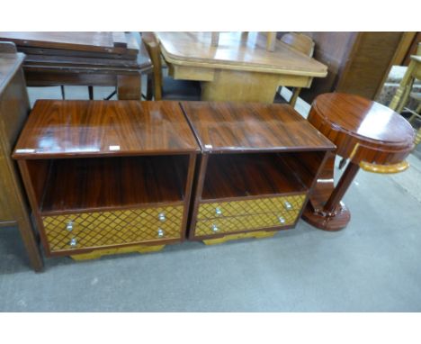 A pair of Art Deco rosewood and maple effect bedside tables and similar lamp table